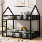 Metal Twin House Bunk Bed for Kids, Twin over Twin Floor Bunk Bed with Fence, Door & Guardrails