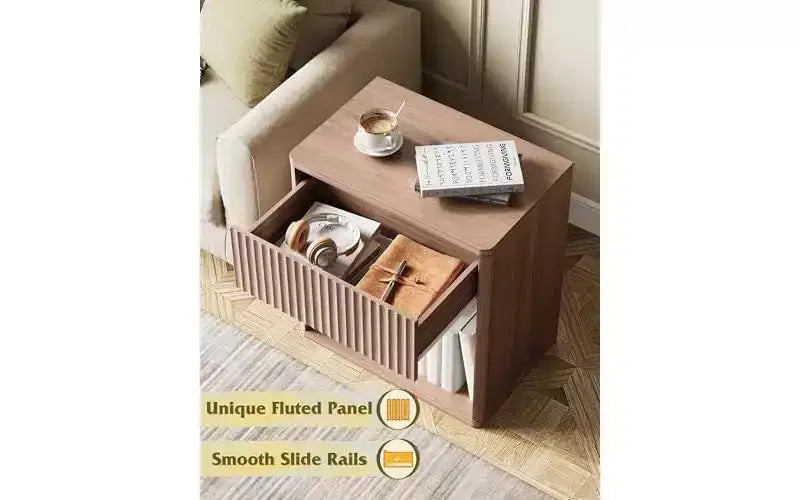Comodino scanalato, set da 2, con cassetto e ripiano aperto